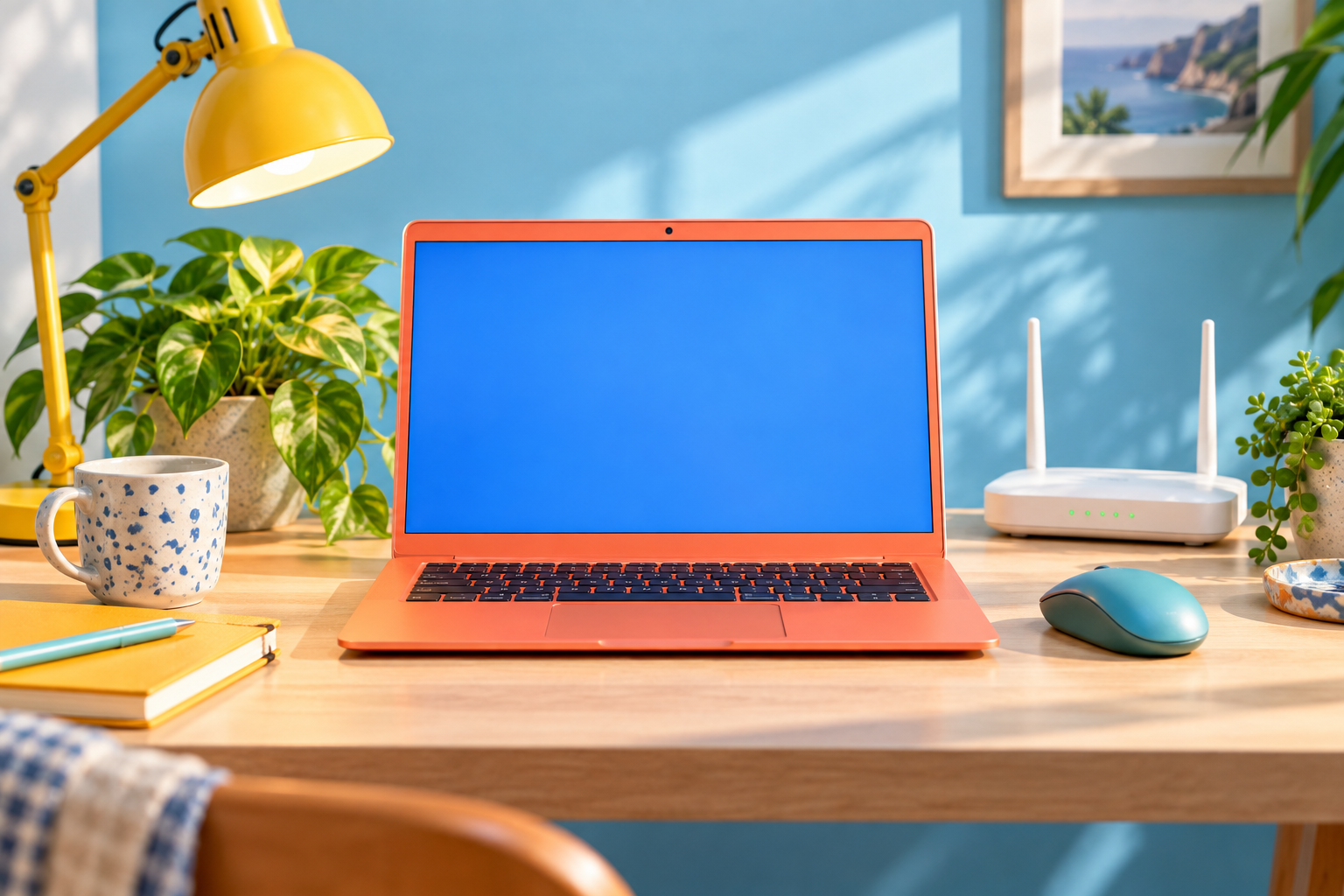 A colourful laptop, lamp, mouse and router on a sky-blue desk